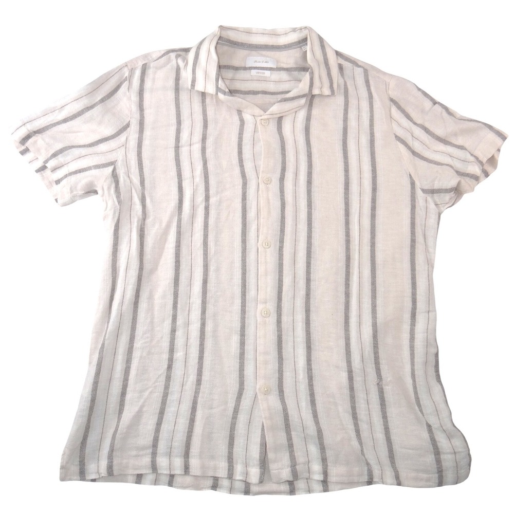 Porter & Ash Mens Large Linen Blend Striped Short Sleeve Button Up Shirt Cream